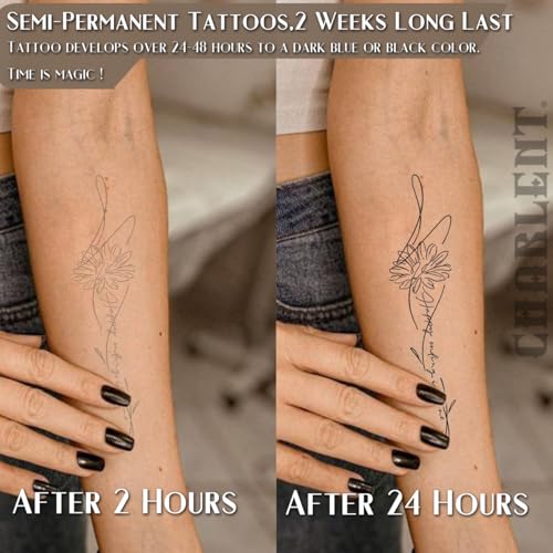 Semi-Permanent Tattoos for Adult - 2 Weeks Long Last Small Flower Words Tattoos for Women Men Hand Neck Body/Fades Naturally/No Reflection/Waterproof/Realistic, Minimal Line Art