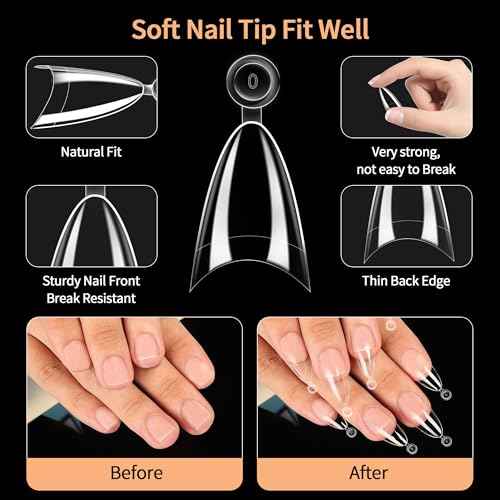 Almond Nail Tips,Soft Gel Almond X Press On Nails,300PCS Acrylic Nail Tips Half Cover Clear Gel Press on Flase Nail Tip for Extension 12Sizes