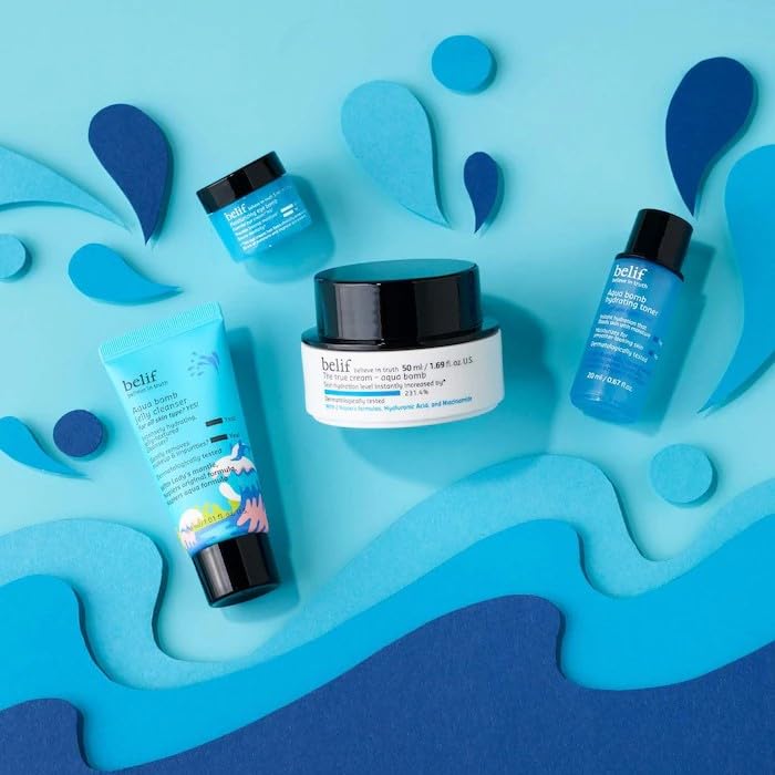 belif Aqua Bomb Dive Into Hydration Set | Korean Skin Care | Korean Moisturizer | Makeup Remover | Korean Toner | Eye Cream | Value Set | Gift Set | Aqua Bomb, Cleansing Balm, Hydrating Toner,Eye Bomb