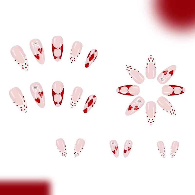 Polka Dot Almond Press-On Nails with Cherry Bow Design - 24 Pcs