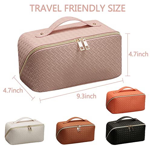 Travel Cosmetic Bag with Compartments - Large Capacity, Lay Flat, Pink Checkered Pattern PU Leather Portable Makeup Bag for Women & Girls