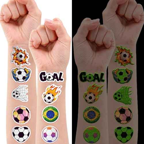 96 PCS Soccer Ball Pre-Cut Luminous Glow in The Dark Temporary Tattoos Themed Birthday Party Decorations Favors Supplies Decor Europa Sports Tattoo Stickers Gifts For Game Boys Girls Class School