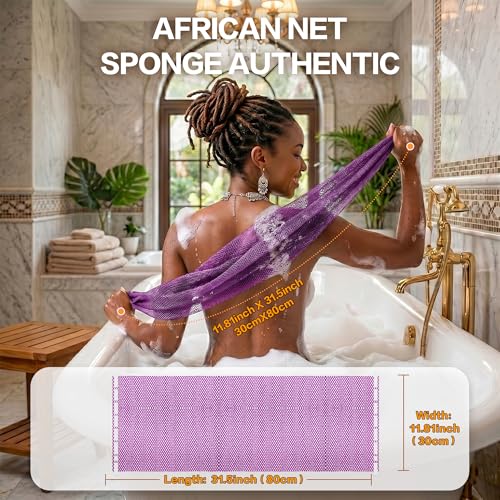 African Net Sponge 3-Pack - Deep Cleansing Exfoliating Body Scrubber in Yellow, Pink, Purple - Reusable Shower Sponge for All Skin Types