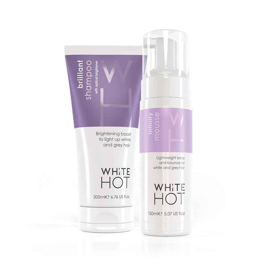 White Hot Brilliant Bounce Duo: Brilliant Shampoo 200ml and Infinity Mousse 150ml, counteracts yellow tones and promotes shine with each time you use.