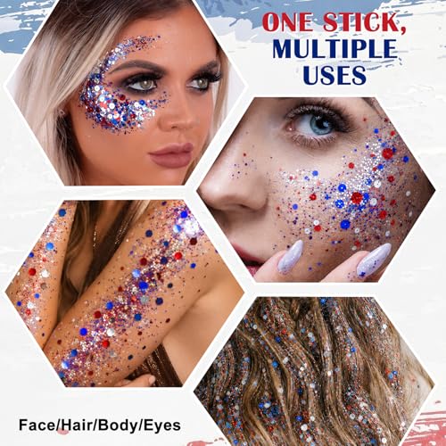 Patriotic Red White Blue Glitter Stick for Face & Body Waterproof 4th of July Makeup