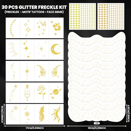 30Pc Glitter Freckles & Face Gems Temporary Tattoo Set