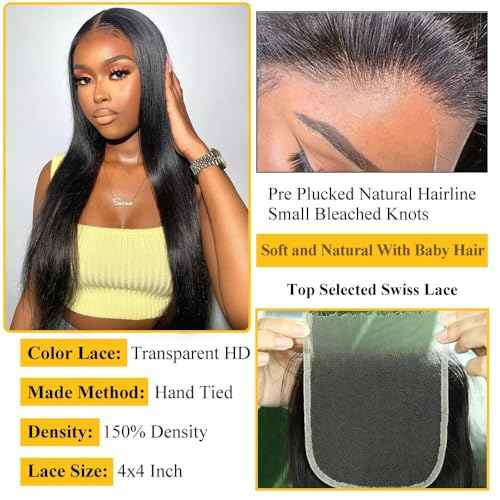 QTHAIR 16A Grade Brazilian Straight Human Hair Bundles with 4X4 HD Lace Closure(18" 20" 20"+16"Free Part Lace Closure,Natural Black) 100% Unprocessed Brazilian Virgin Hair Extensions for Women