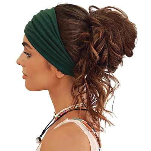 GiLi 2 Pack Wide Headbands for Women Boho African Knotted Non Slip Fashion Hair Bands Yoga Running Sports Workout Gym Head Wraps Elastic Soft Cotton Cloth Turbans Bandana for Girls (Dark Green, Teal)