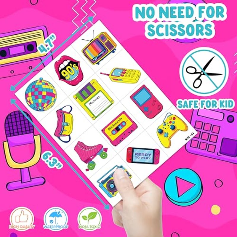 Back To The 90s 80s Retro Temporary Tattoos for Kids - Colorful Designs, 96 PCS - Perfect for Themed Birthday Party Supplies Decorations Favors Decor - Fun Stickers Tattoo Gifts for Girls Boys Rewards