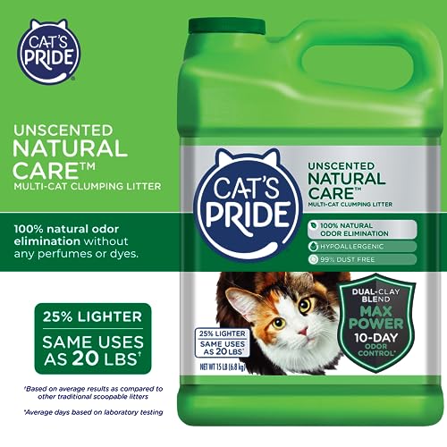 Cat's Pride Max Power: Natural Care - Up to 10 Days of Powerful Odor Control - 100% Natural Odor Elimination - Hypoallergenic - 99% Dust Free - Multi-Cat Clumping Litter, Unscented, 15 Pounds