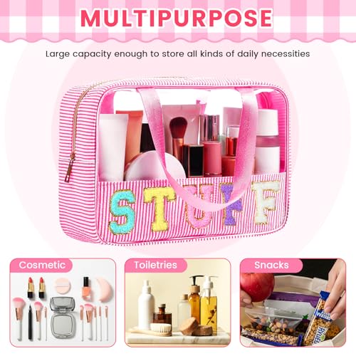 Sanwuta Clear Seersucker Cosmetic Bag Pink Portable Makeup Organizer