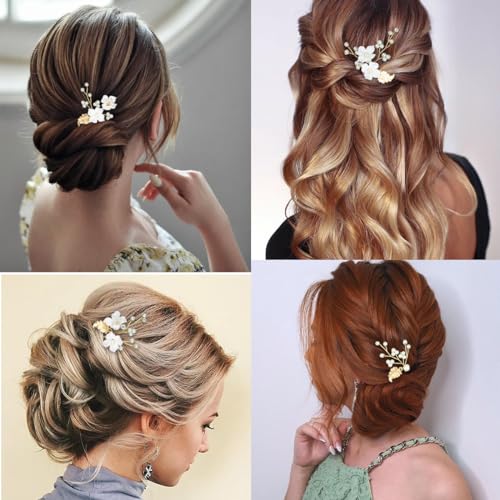 Gold Pearl & Flower Bridal Hair Pins - 6-Piece Wedding Hairpiece Set