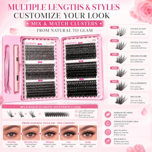 720Pcs D Curl Lash Clusters Kit with Glue & Tweezers