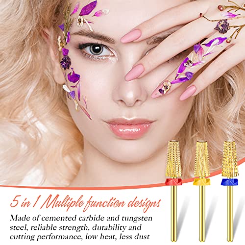 3 Pieces Nail Carbide 5 in 1 Bit Multi-function Tapered Shaping Nail Drill Carbide Nail Drill Bit Use for both Left to Right Handed, 3/32 Inch Nail Bit for Fast Remove Acrylic Gel Nail (Gold)