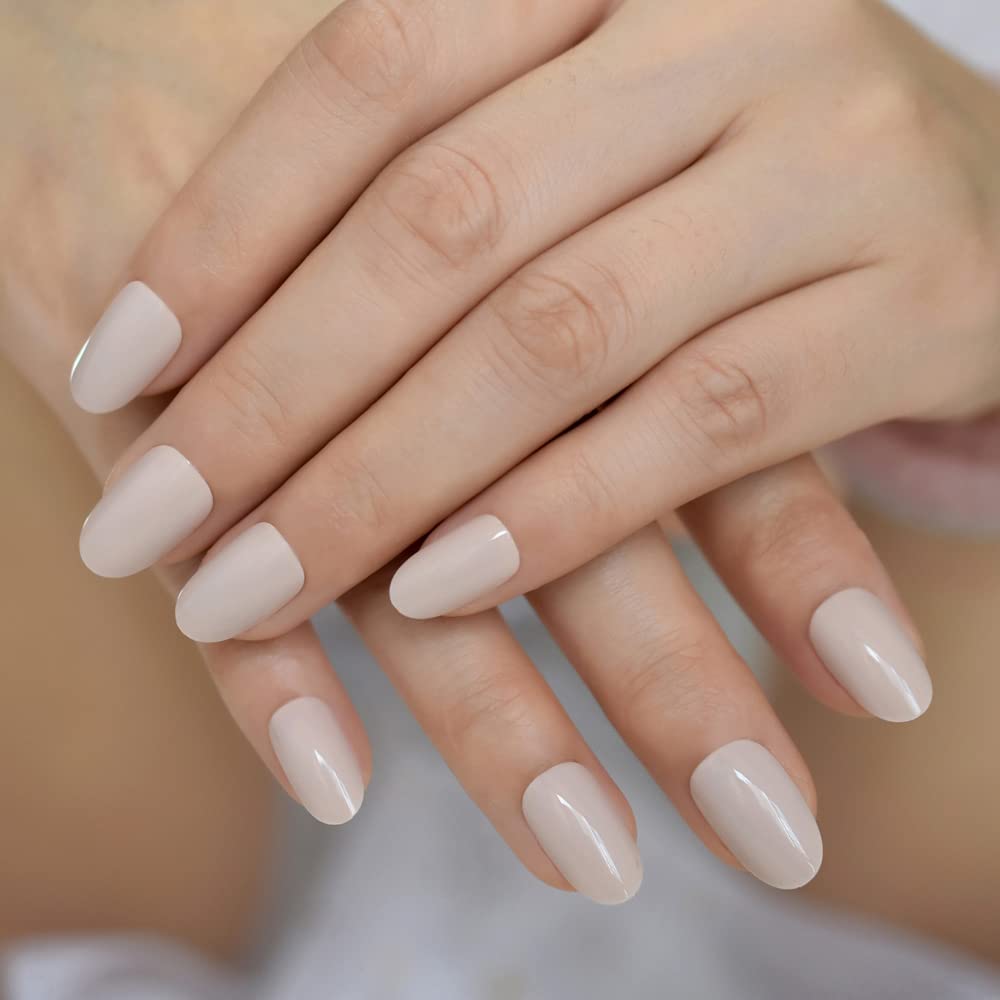 ELEVENAIL Natural Glossy Nude Press On False Nails Short Oval Acrylic Nail Art Tips Salon Women Girls DIY Manicure Daily Reusable Stick On Fake Nails for Daily Office Home Party