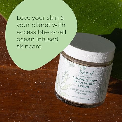 Sea El Coconut Kiwi Exfoliating Face Scrub Hydrating Calming & Purifying Anti Aging Exfoliator - Bamboo Pumice & Green Tea Detoxifying Exfoliant Facial Cleanser & Polish for Women & Men - 4 Oz