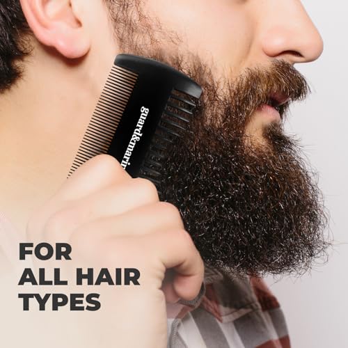 GUARD&MARINE Wooden Beard & Mustache Comb with Fine and Coarse Teeth - Pocket Size - Ideal for Use with Balms and Oils. Stylish and Convenient with a PU Leather Case (black)