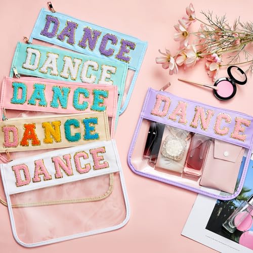 Aliceset 12 Pcs Dance Gifts for Women Cosmetic Bag with Chenille Letter Patches Dancer Clear Makeup Bag Toiletry Zipper Pouch for Travel Women Girls Storage (Multicolor)