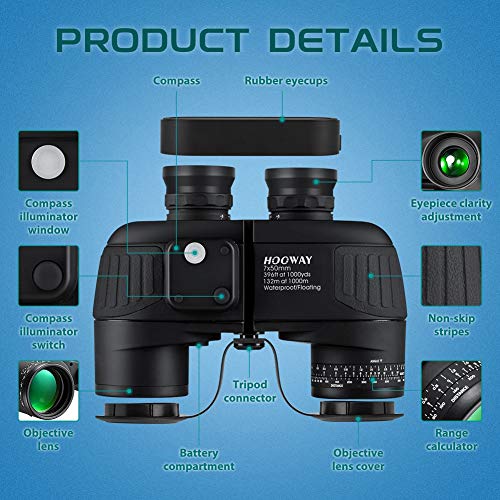 Waterproof Military 7x50 Marine Binoculars,Hooway Binoculars with w/Internal Rangefinder & Compass for Navigation,Boating(Black)