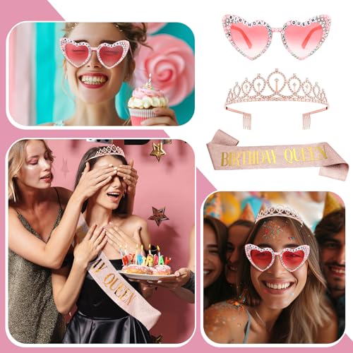 Birthday Queen Sash Set with Rhinestone Tiara & Glasses