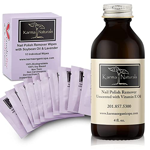 Karma Organic Nail Polish Remover & Remover Wipes Bundle ? Natural Unscented Nail Polish Remover (4FL-Oz) Lavender Nail Polish Remover Wipes (Pack of 10)