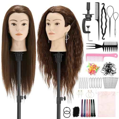 Mannequin Head with 90% Human Hair, 24" Female Real Hair Cosmetology Mannequin Head Hair Styling Manikin Head Doll Head for Hairdresser Practice Training with Clamp Holder and Tools (Brown)