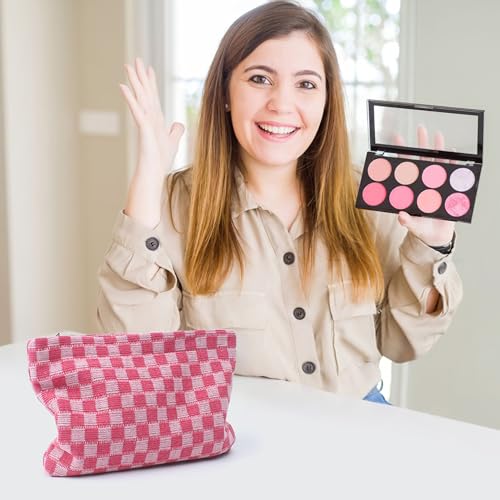 4Pcs Pink Checkered Makeup Bags Large Capacity Storage