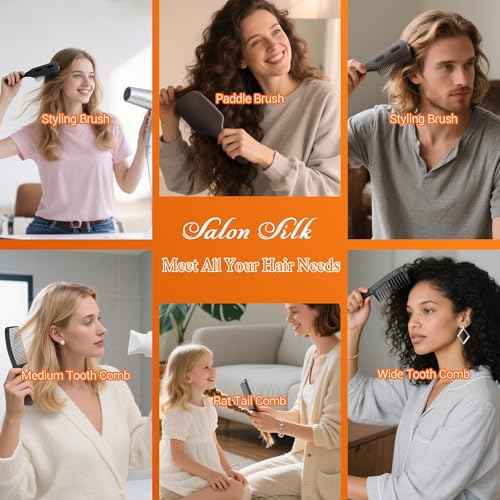 SALONSILK 5PCS Hair Brush Comb Set, Women Men Paddle Styling Hair Brushes Wide Fine Tooth Combs, Rat Tail Parting Barber Professional Set for Detangling, Thick, Natural, Thin, Curly