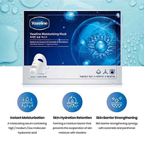 Vaseline Moisturizing Face Facial Mask Sheet Skin Care Essence, HYDRATION RETENTION, SKIN BARRIER REINFORCEMENT [Made in Korea] 10 Count