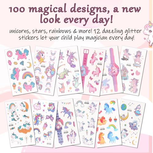 Temporary Tattoos for Kids, 12 Sheets Unicorn Rainbow Glitter Tattoos, Safe & Non-Toxic, Waterproof, Unicorn Birthday Party Decorations, Valentine's Day Gift