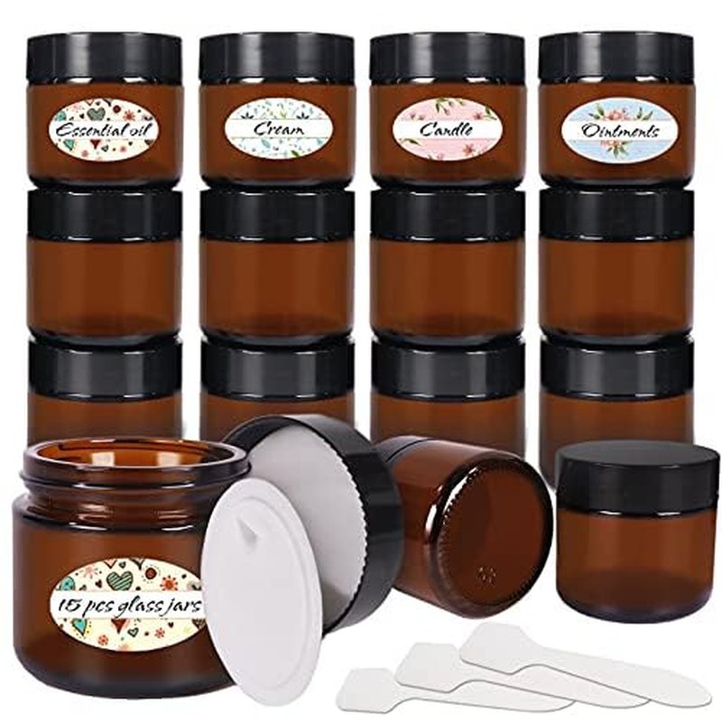2 oz Amber Glass Jars 15 Pack - Refillable Cosmetic Containers