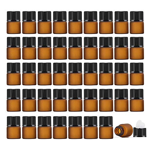 Enslz 1ml(1/4 dram) 50Pcs Mini Amber Glass Essential Oils Sample Bottles Empty Refillable Brown Glass Perfume Bottles (1ml)