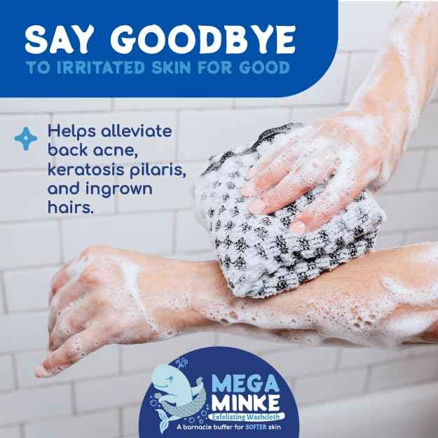JJ KENT MEGA Minke Exfoliating Washcloth - Reusable Exfoliating Body Scrubber and Dead Skin Remover for Super Soft Skin - Rip-Resistant Large Washcloths for Showering