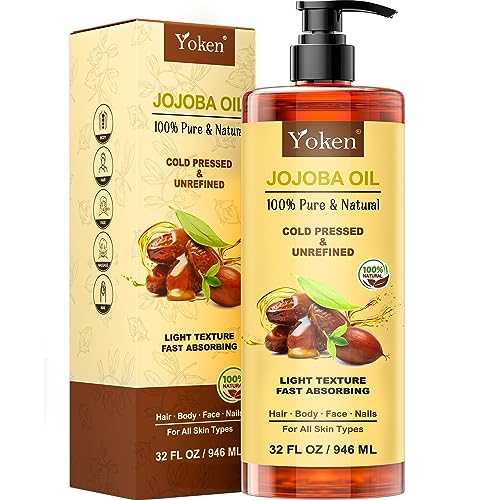 Yoken 32 fl oz (EWG Verified) 100% Pure Jojoba Carrier Oil - Unrefined, Hexane-Free, Cold Pressed for Skin, Face, Hair, Nails, and Massage