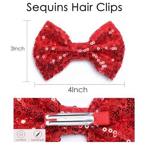 KISZU 4 Inch Sequin Glitter Hair Bows Clips, Sparkling Bling Little Bow HairPins Hair Accessories for Baby Girls Kids Children Teens and Women (Red)