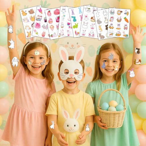 8 Sheets (96PCS) Bunny Pre-Cut Temporary Tattoos for Kids ? Cute Bunny Birthday Party Favors Supplies Decorations, Easter Egg Carrot Tattoo Stickers for Boys and Girls, Classroom Rewards and Prizes