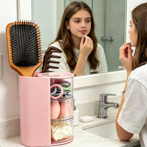 Pink Hair Accessories Organizer with Brush Holder - 180° Rotating Storage