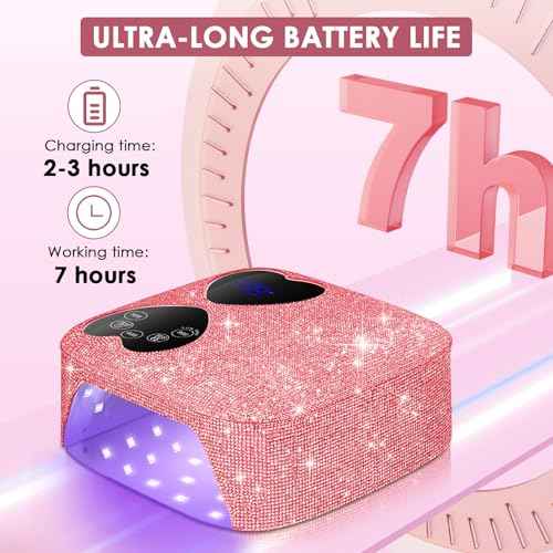 UV LED Nail Lamp Cordless, HUITINE 80W Rechargeable UV Light for Gel Nails with 5 Timers & Mirror Base, Professional Gel Light Dryer, Sparkling Rhinestones Curing Lamp for Salon & Home (Pink Diamond)
