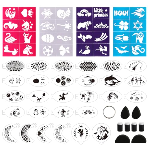 Face Paint Stencils Kit with 6 Sponges - 60 Reusable Designs