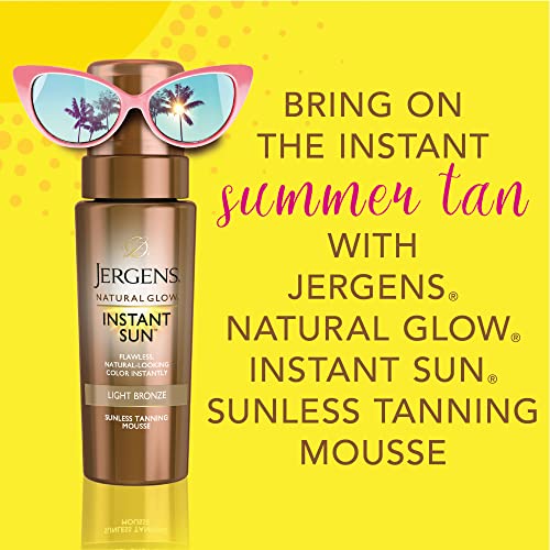 Jergens Natural Glow Instant Sun Body Mousse, Self Tanner for Light Bronze Tan, Sunless Tanning Body Bronzer for Natural Looking Color Instantly, 6 Oz
