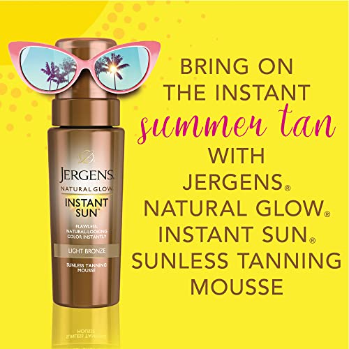 Jergens Natural Glow Instant Sun Body Mousse, Self Tanner for Light Bronze Tan, Sunless Tanning Body Bronzer, Fake Tan for Fair to Medium Skin, 6 Ounce