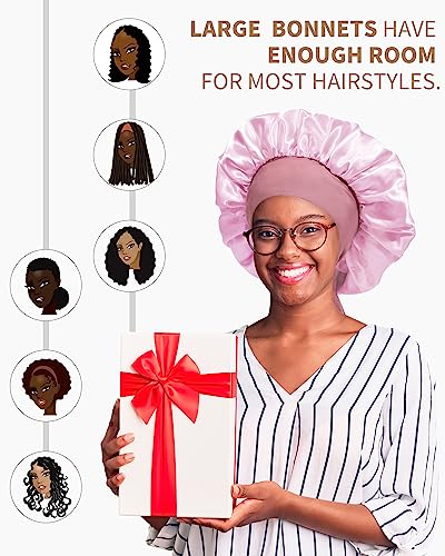 Satin Bonnet for Women Silk Bonnets for Sleeping Curly Hair Bonnet with Elastic Tie Band Reversible Double Layer Sleep Cap Hair Wrap (Bean Paste + Pink)