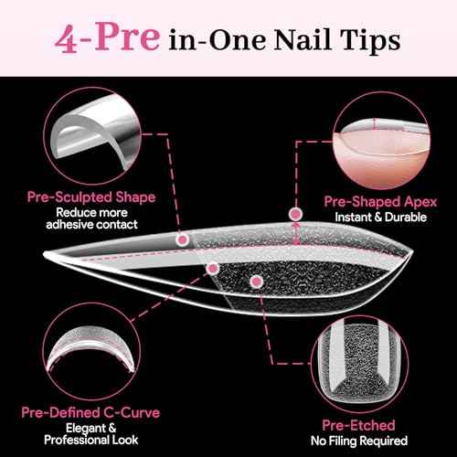 Medium Almond Pre-Building Nail Tips, 15 Sizes 240 PCS Pre-shaped Apex Clear Soft Press On Fake Nail Half Matte Gel Nail Extensions Strong Thick Acrylic Tip for DIY Beginners & Salon Manicure