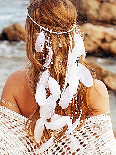 CAKURE Pearl Feather Headband White Hippie Headbands Gypsy Costume Headwear Indian Headpieces Bridal Hair Band Adjustable Headdress Wedding Feather Hair Accessories for Women and Gilrs (Type1)