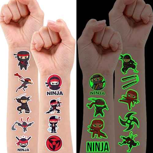 96 PCS Ninja Pre-Cut Luminous Temporary Tattoos for Kids Birthday Themed Party Supplies Decorations Favors 8 Sheets Decor Super Cute Cartoon Stickers Tattoo School Rewards & Gifts for Boys & Girls