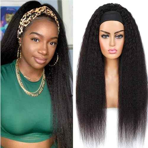 Headband Wig Human Hair 18 Inch Kinky Straight Headband Wigs for Black Women Yaki Straight Human Hair Headband Wig Half Wig Human Hair Natural Black Color