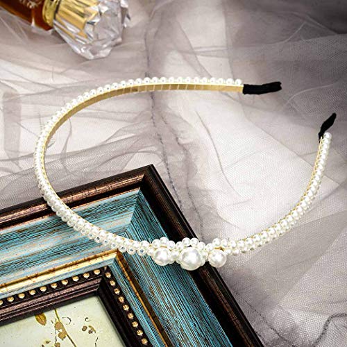 Dmaiy 2 Pieces Pearls Headbands White Pearl Hairband Fashion Head Band Bridal Hair Hoop Bridal Faux Pearl Beads Wedding Elegant Hair Accessories for Women and Girls (Elegant)