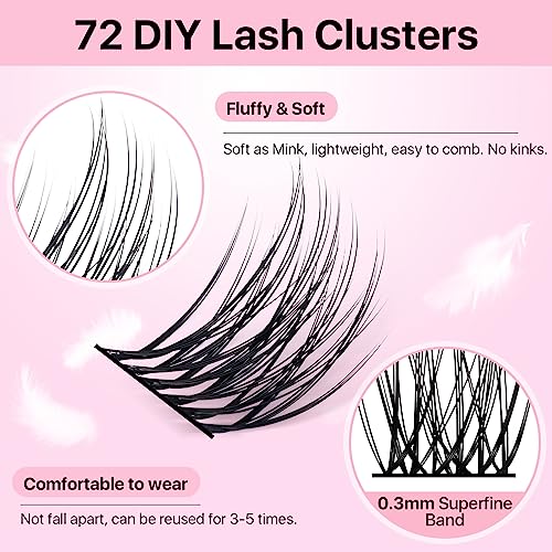 DIY Eyelash Extensions 72 PCs Cluster Lashes Super Thin Band Soft Mixed Tray Wispy Individual Lashes (Fluffy, C-8-16mix)