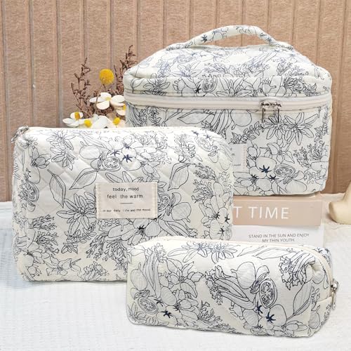 Quilted Makeup Bag, Large Capacity Travel Cosmetic Bag for Women and Girls, Aesthetic Storage for Daily and Travel Use (3pcs-BlackFloral)