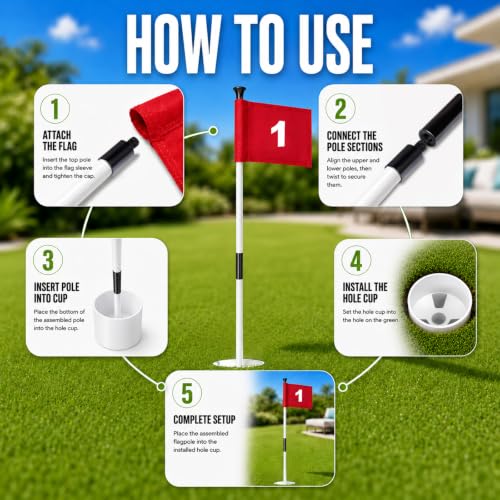 3FT Fiberglass Golf Flagsticks Set with Flags and Cups - Portable Practice Poles for Backyard & Indoor Putting Green